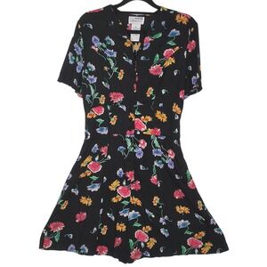 Access Vintage Floral Romper Shorts Women Small Black Short Sleeve‎ Button Front